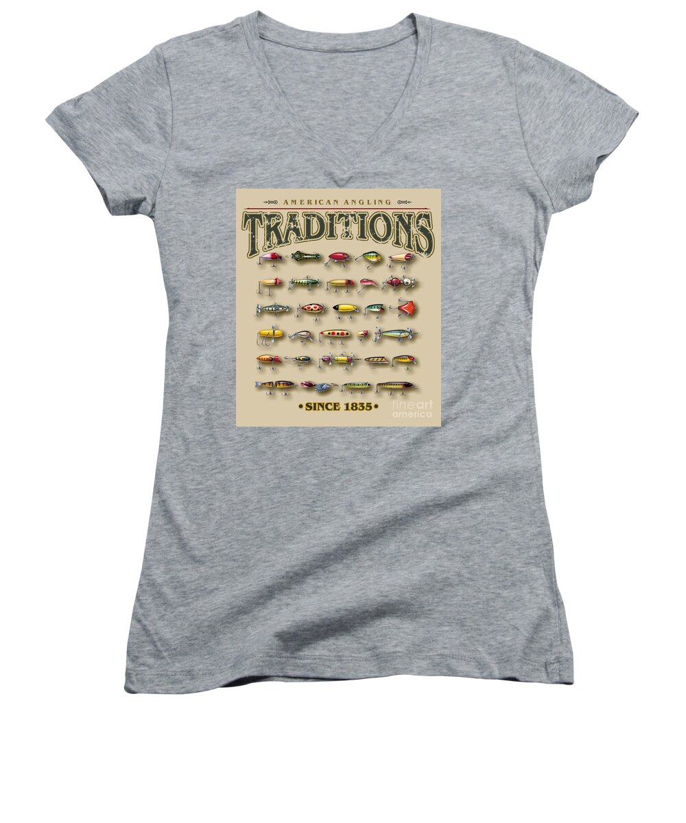 Jon Q Wright Women's V-Neck featuring the painting American Traditions lures by JQ Licensing