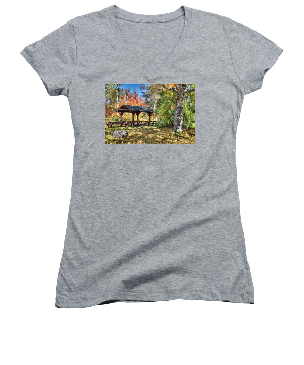 Picnic Table Women's V-Neck featuring the photograph An Autumn Picnic in Maine by Shelley Neff
