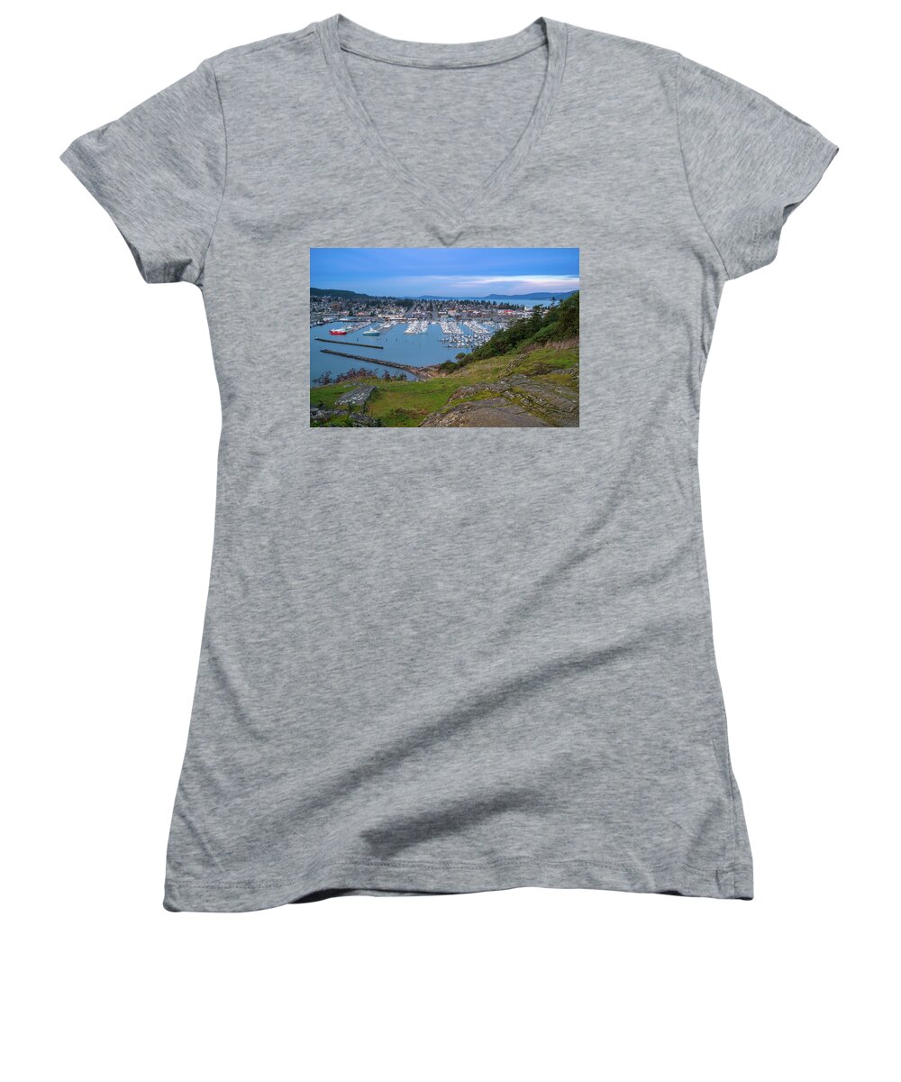 Sunrise Women's V-Neck featuring the photograph Anacortes Peaceful Morning by Ken Stanback