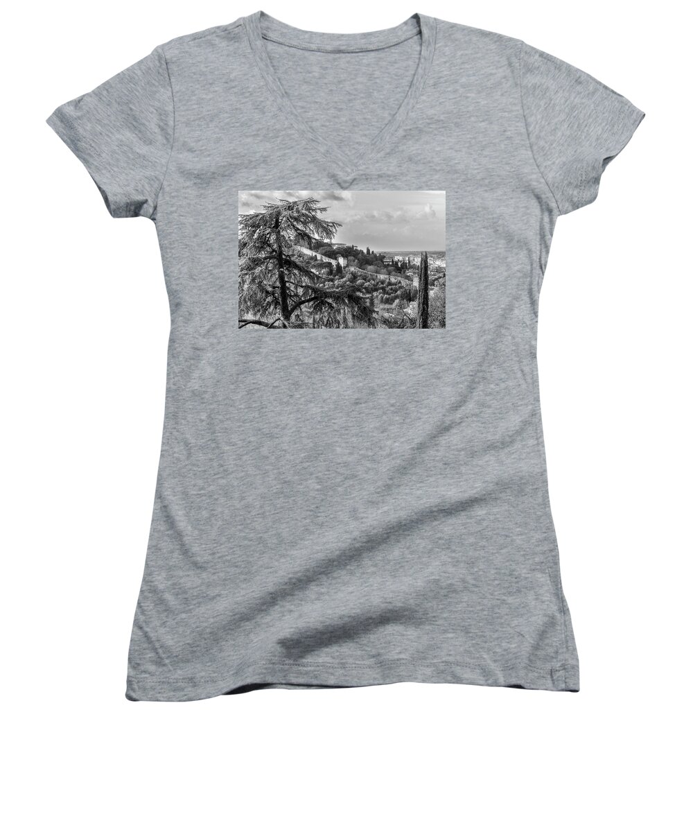 Florence Women's V-Neck featuring the photograph Ancient Walls of Florence-BandW by Sonny Marcyan