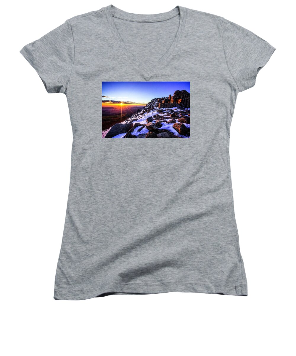 Mt Evans Women's V-Neck featuring the photograph And then there was light by Kristal Kraft