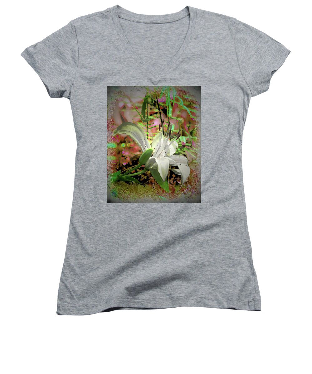 Angel Lily Print Women's V-Neck featuring the photograph Angel Lily by Sheri McLeroy