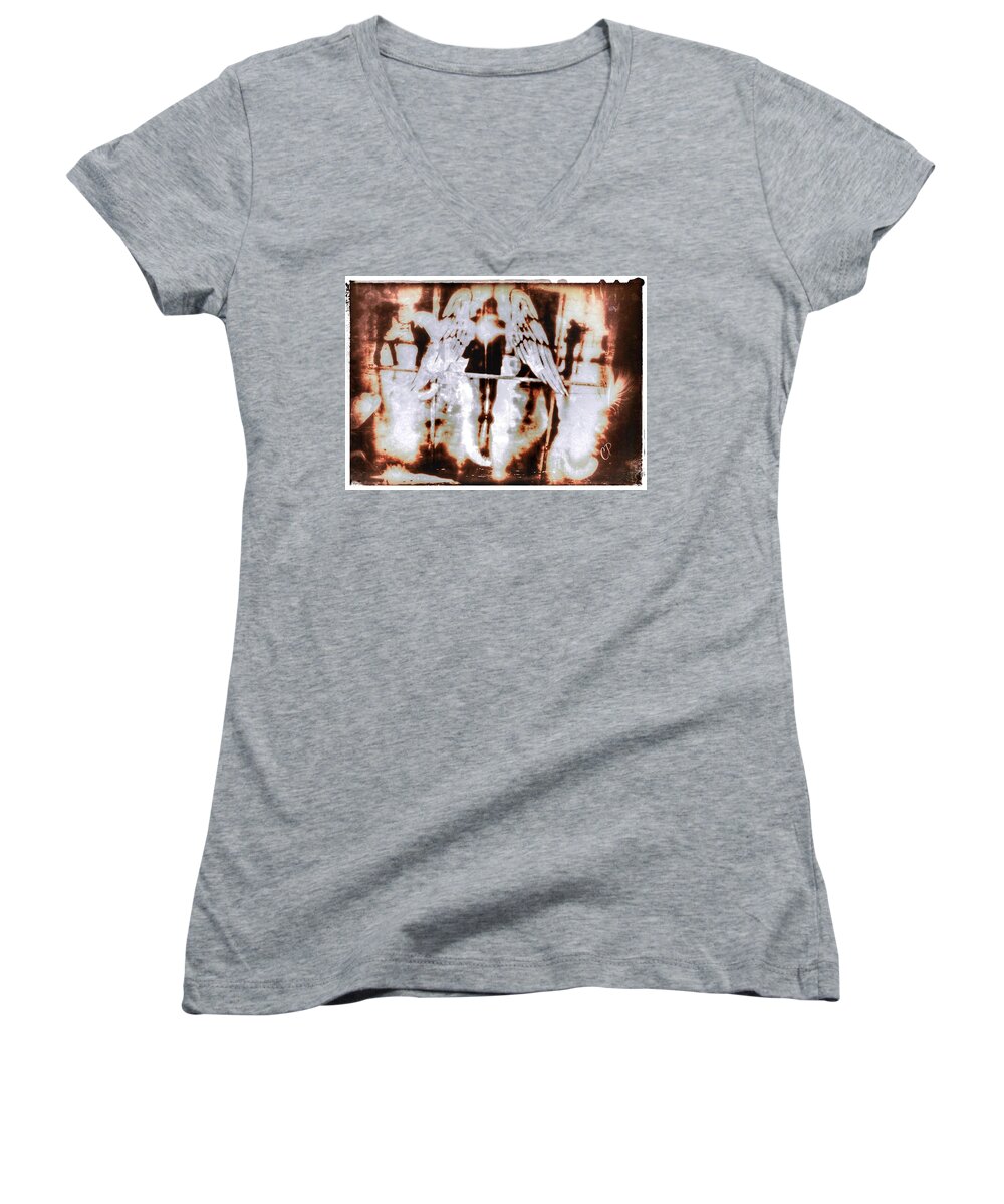  Women's V-Neck featuring the mixed media Angels In the mirror by Christine Paris