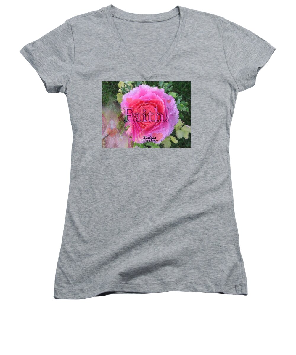 Angels Women's V-Neck featuring the photograph Angels Pink Rose of Faith by Barbara Tristan