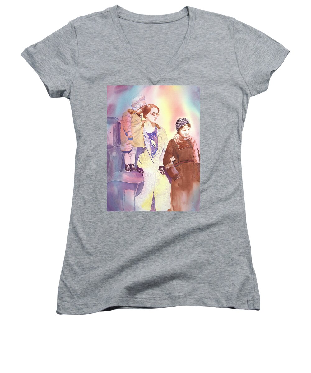 Ancestry Women's V-Neck featuring the painting Anna Nation and her Girls, 1932   by Tara Moorman