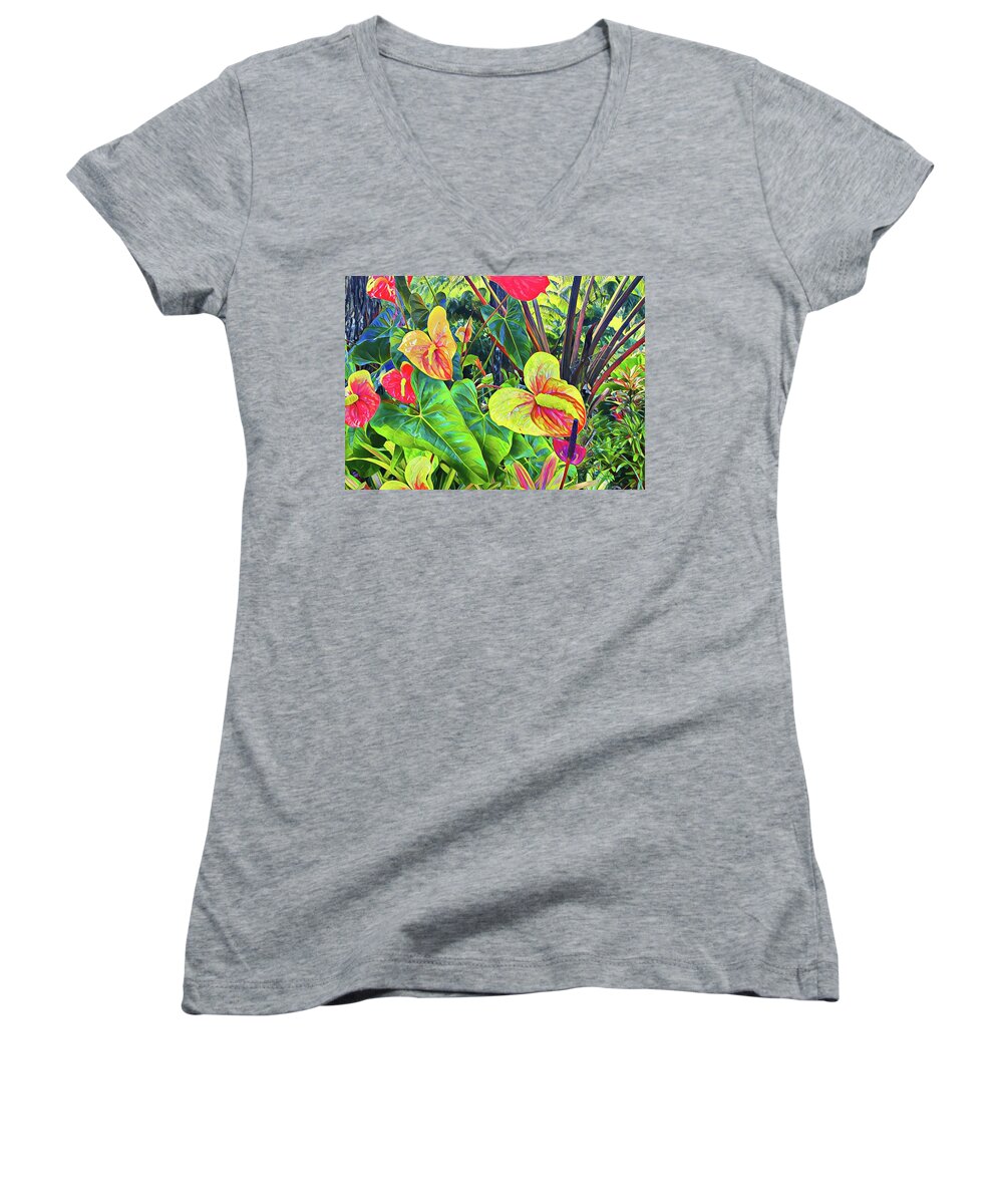 Anthurium Yellow Red Flowers Of Aloha Women's V-Neck featuring the photograph Anthuriums Yellow and Red by Joalene Young