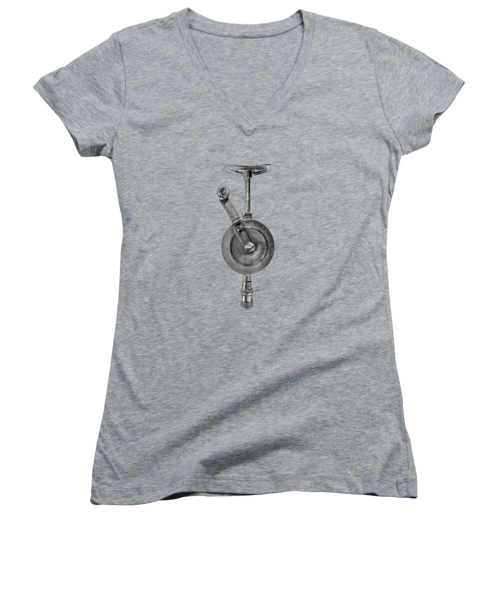 Antique Women's V-Neck featuring the photograph Antique Shoulder Drill Front BW by YoPedro