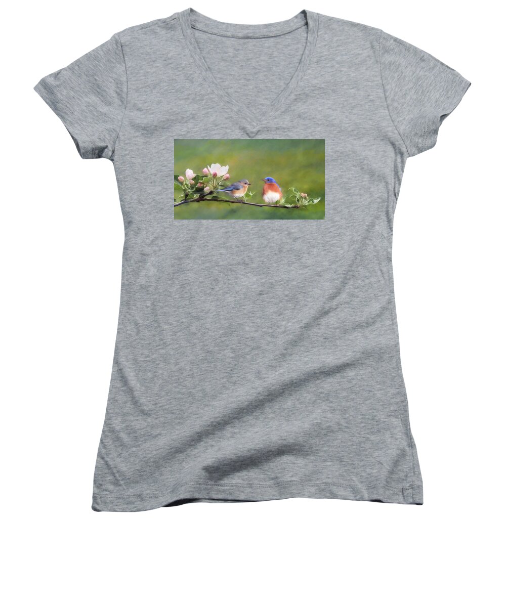 Bird Women's V-Neck featuring the mixed media Apple Blossoms and Bluebirds by Lori Deiter