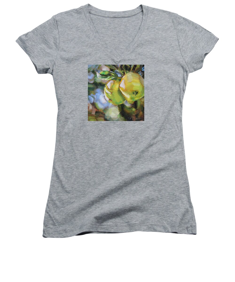 Nature Women's V-Neck featuring the painting Apple Tree by Tracy Male