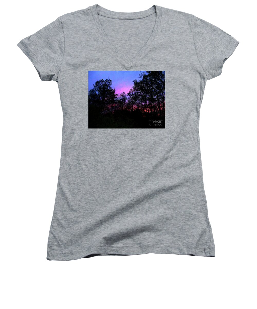 A Photo Of The Swirling Colors Of The Evening Sky With The Spring Trees Silhouetted In Front. Women's V-Neck featuring the photograph April Sunset by Melinda Dare Benfield