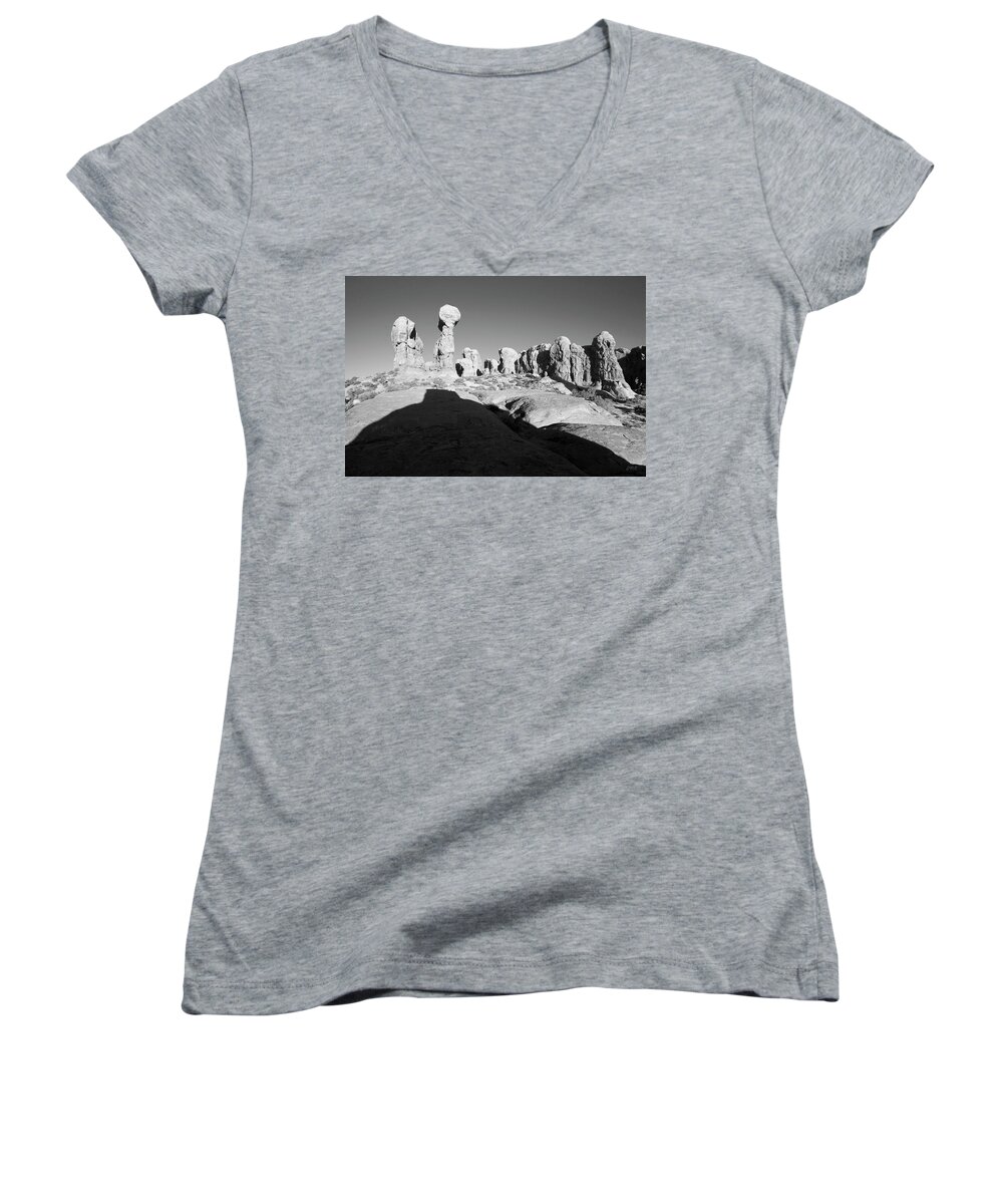 Arches Women's V-Neck featuring the photograph Arches NP IV BW by David Gordon