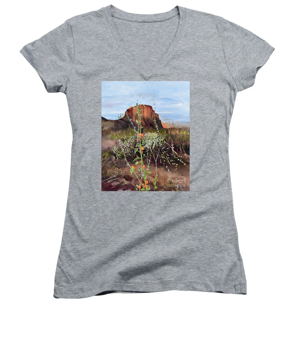 Arizona Women's V-Neck featuring the painting Arizona Desert Flowers-Dwarf Indian Mallow by Jan Dappen