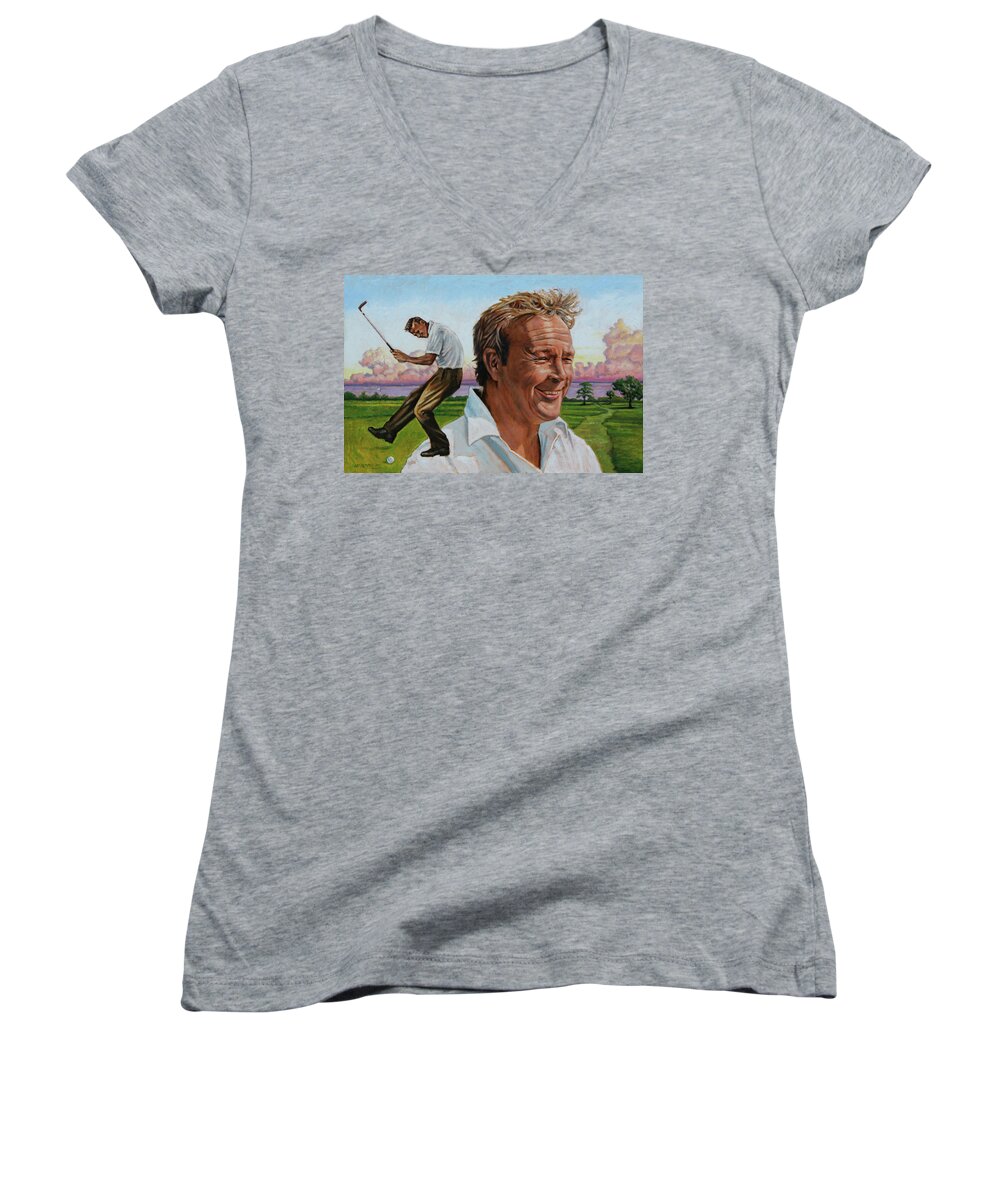 Arnold Palmer Women's V-Neck featuring the painting Arnold Palmer by John Lautermilch