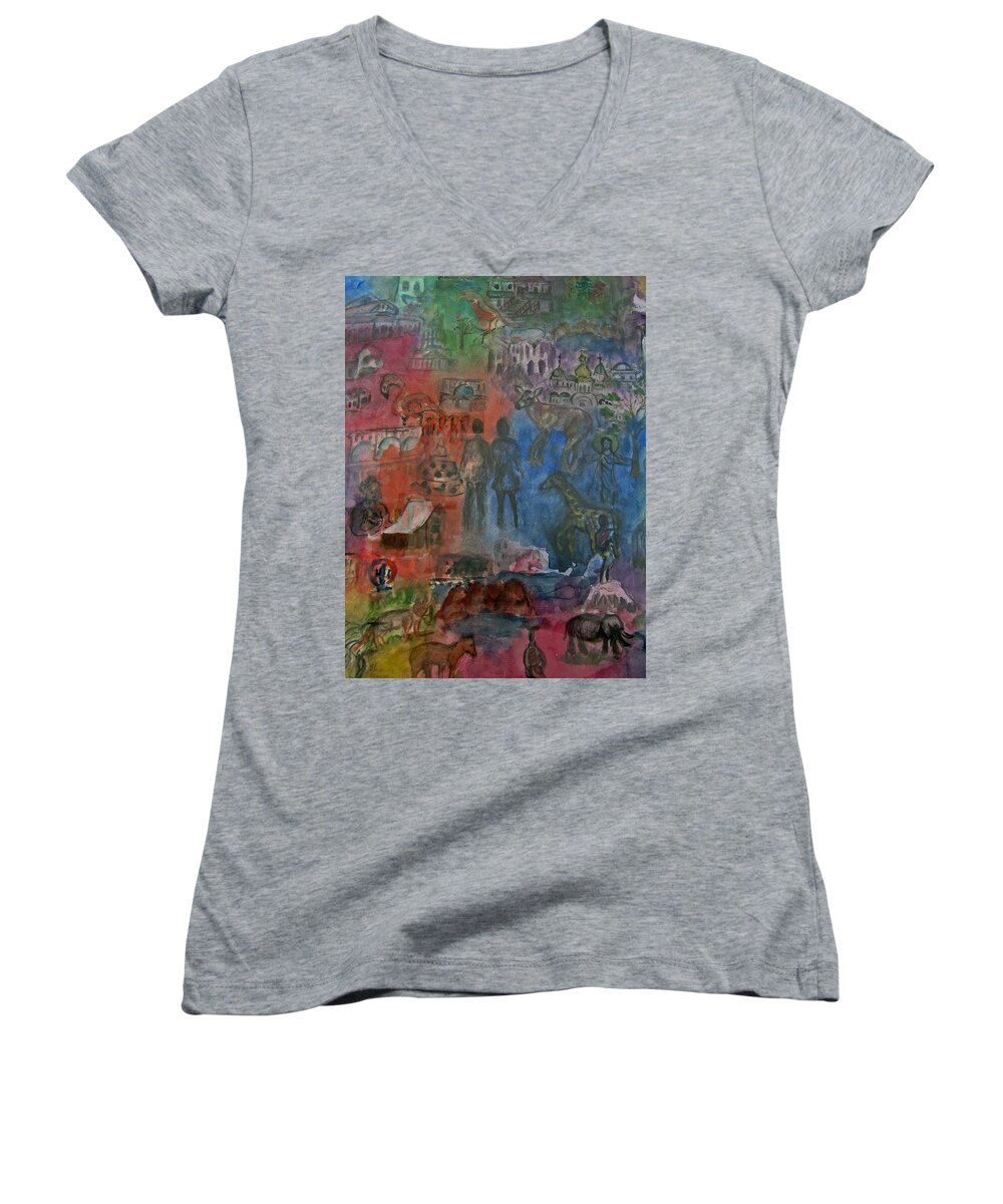 World Women's V-Neck featuring the painting Around the World by Lucille Valentino