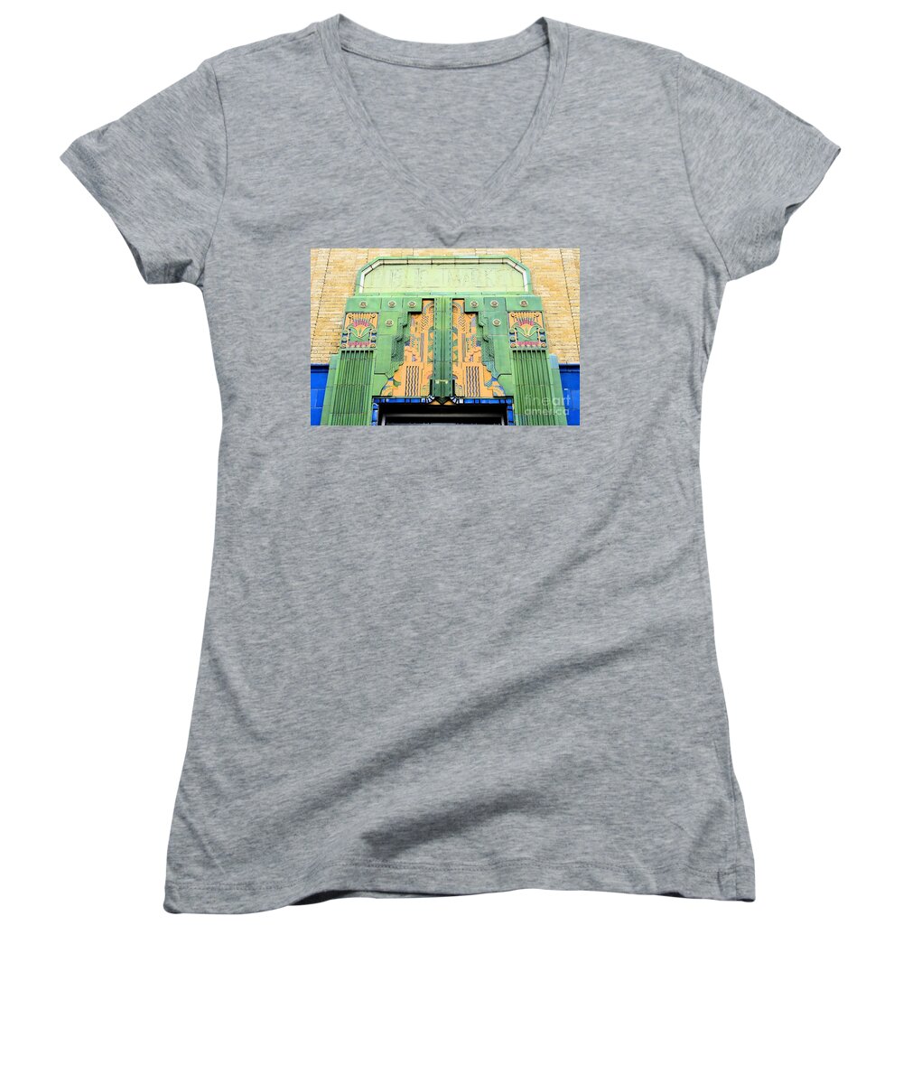 Art Deco Women's V-Neck featuring the photograph Art Deco Facade at Old Public Market by Janette Boyd