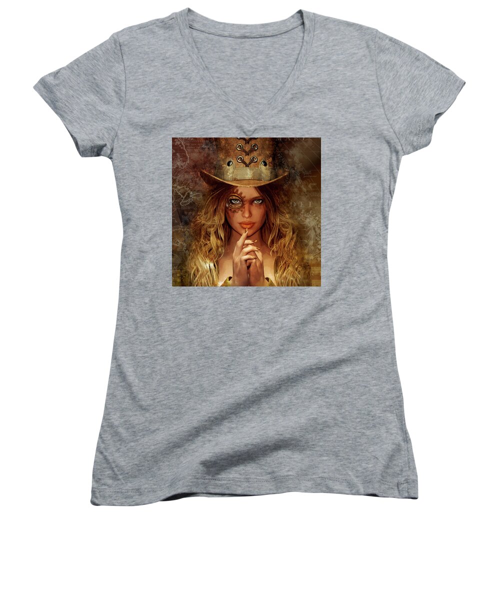 Steampunk Women's V-Neck featuring the mixed media Steampunk Traveler by Shanina Conway