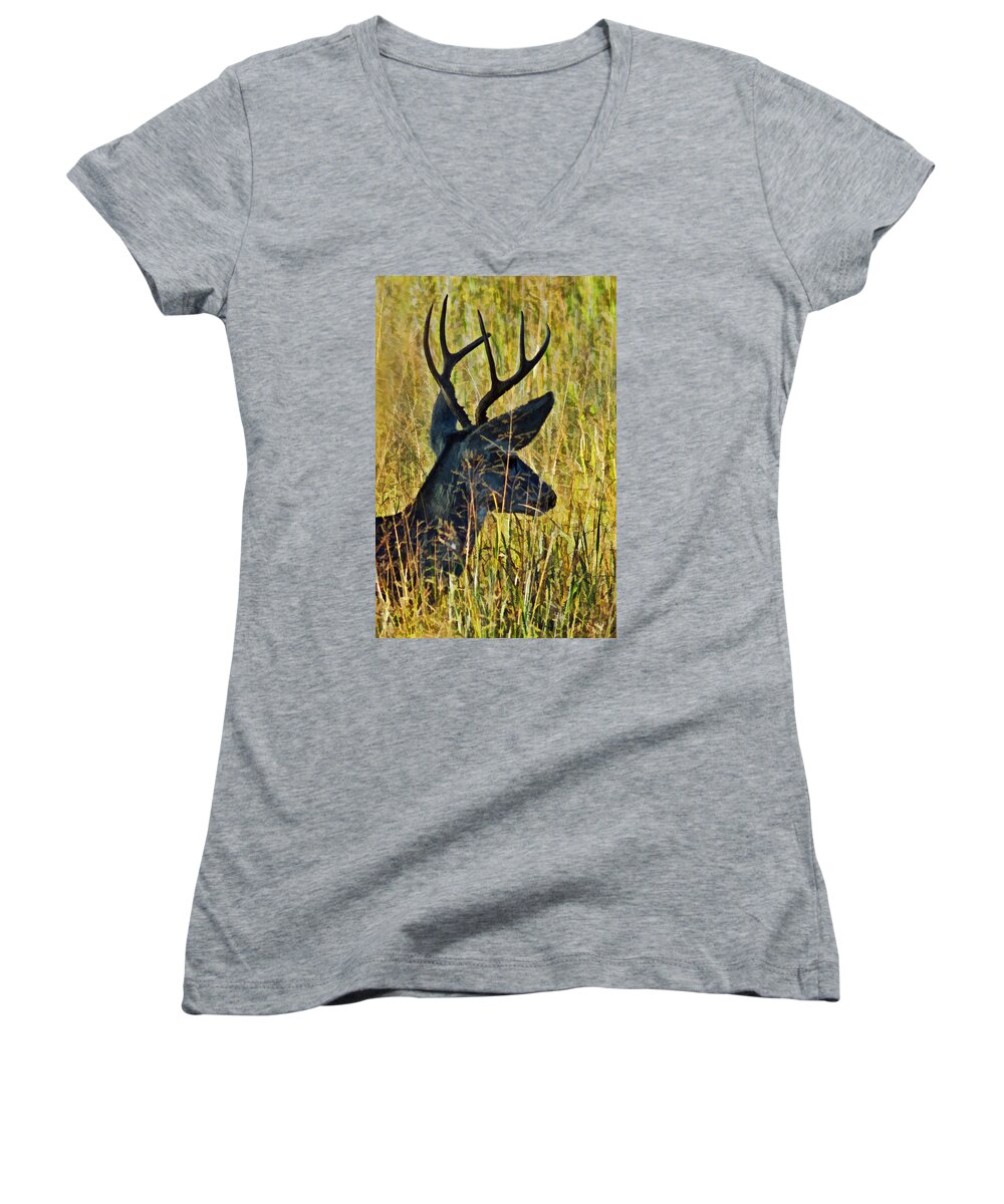 Bill Kesler Photography Women's V-Neck featuring the photograph The Buck Rests Here by Bill Kesler