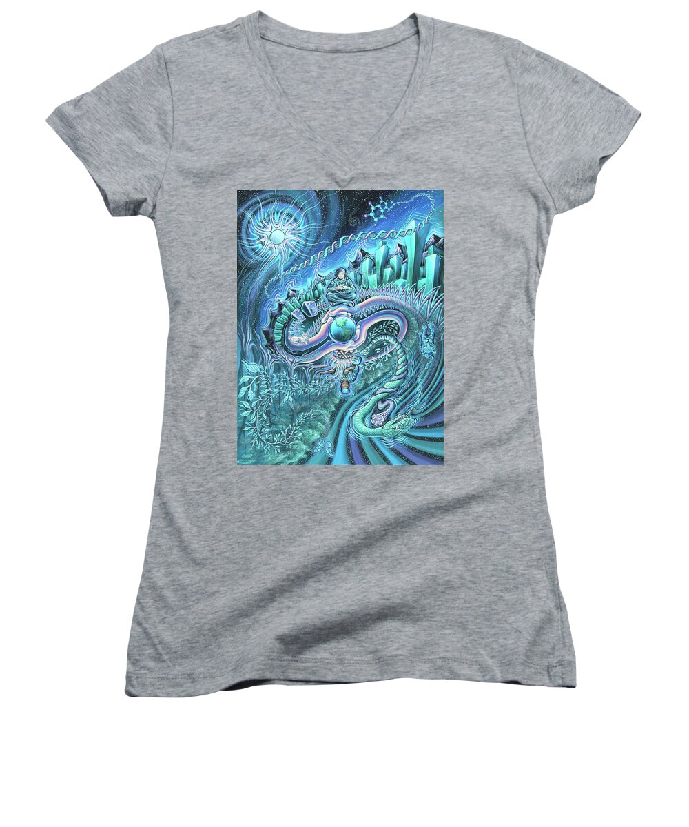 Ayahuasca Women's V-Neck featuring the painting As Above, So Below by Jim Figora