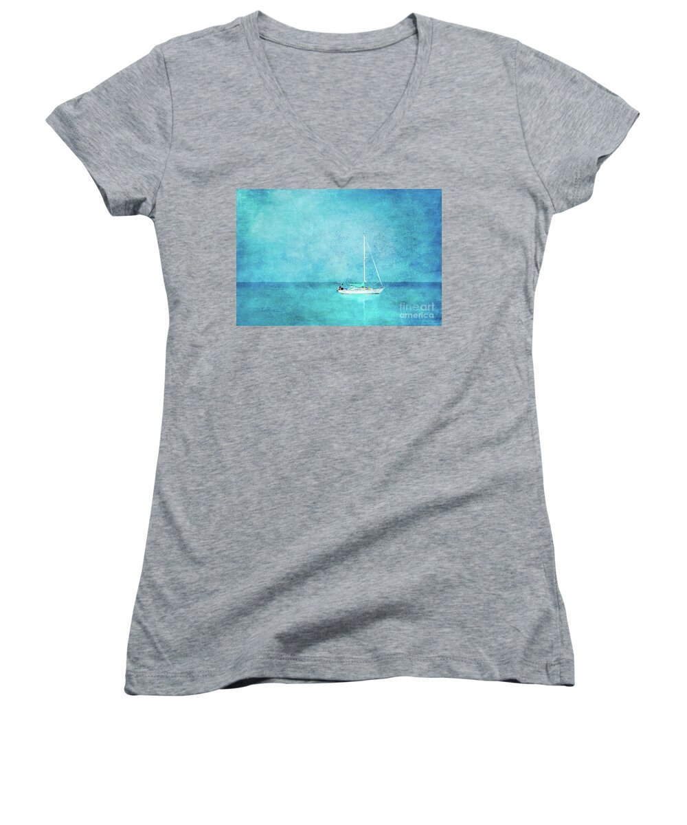 Sailboat Women's V-Neck featuring the mixed media At Anchor by Betty LaRue