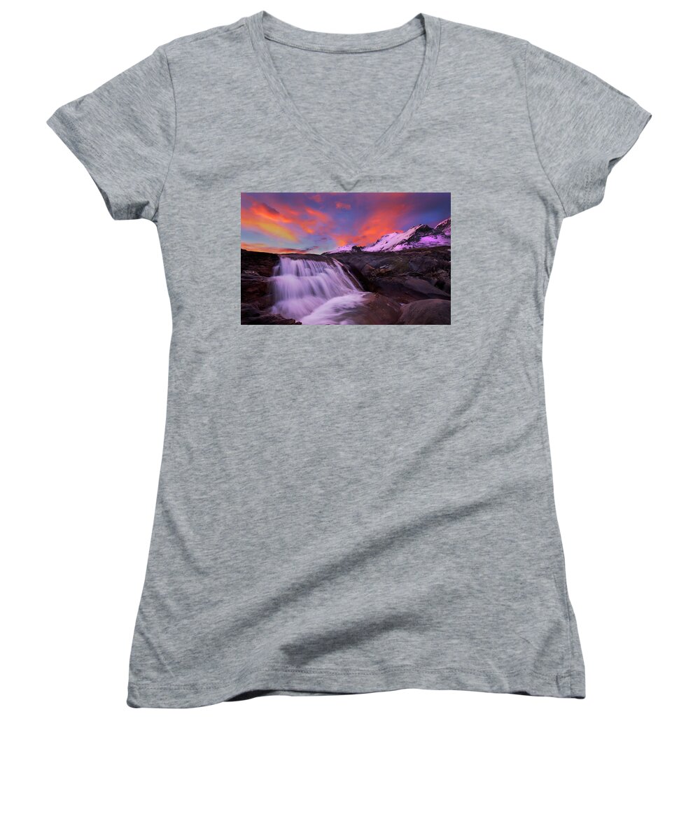 Sunrise Women's V-Neck featuring the photograph Athabasca on Fire by Dan Jurak
