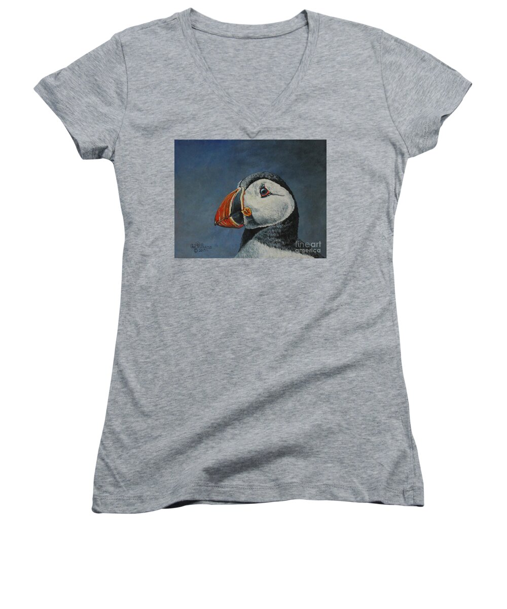 Puffin Women's V-Neck featuring the painting Atlantic Puffin by Bob Williams