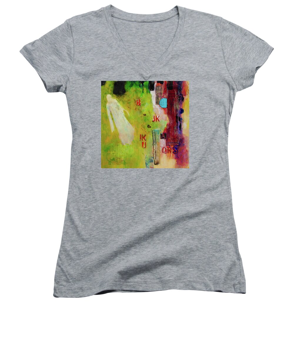Abstract Women's V-Neck featuring the painting Aunties visit by Carole Johnson