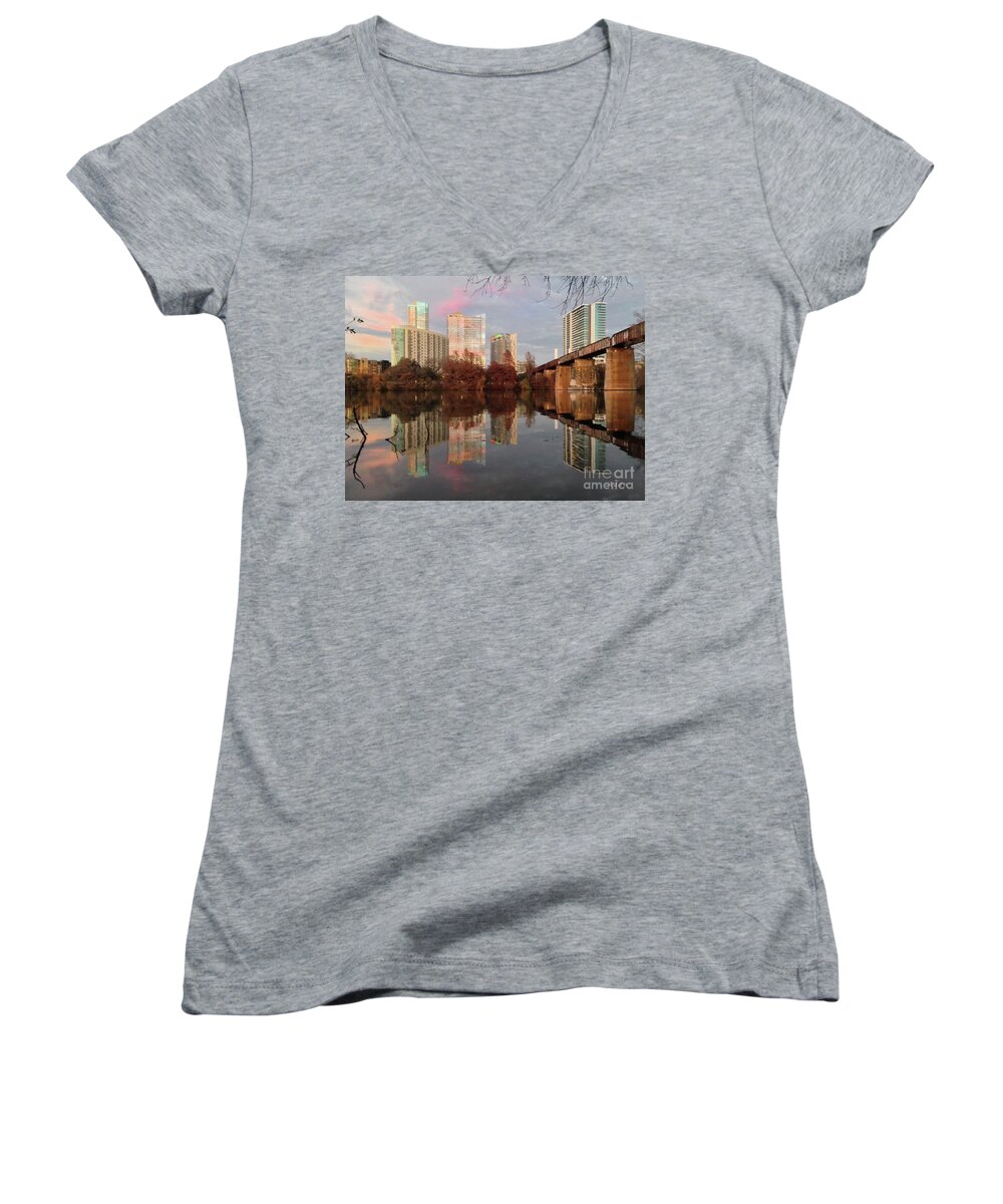 Triptych Women's V-Neck featuring the photograph Austin Hike and Bike Trail - Train Trestle 1 Sunset Triptych Left by Felipe Adan Lerma