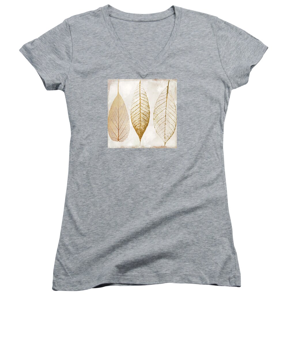 Leaf Women's V-Neck featuring the painting Autumn Leaves III Fallen Gold by Mindy Sommers
