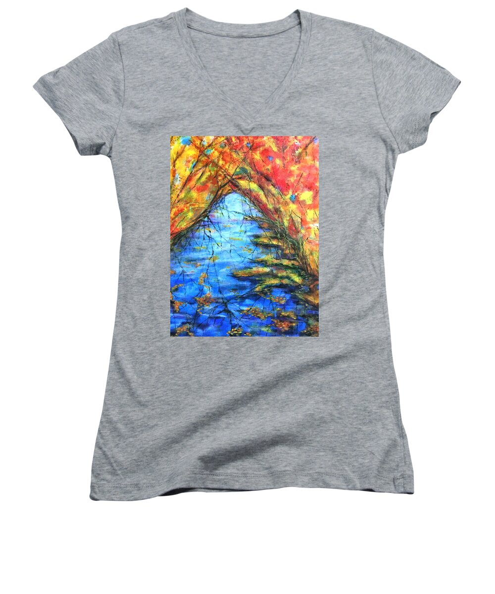 Autumn Women's V-Neck featuring the painting Autumn Reflections 2 by Rae Chichilnitsky