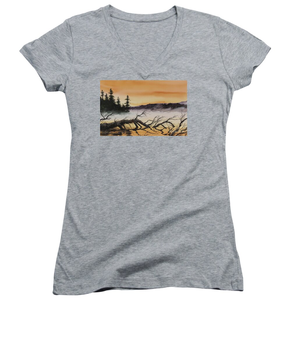 Autumn Women's V-Neck featuring the painting Autumn Sunset Mist by James Williamson