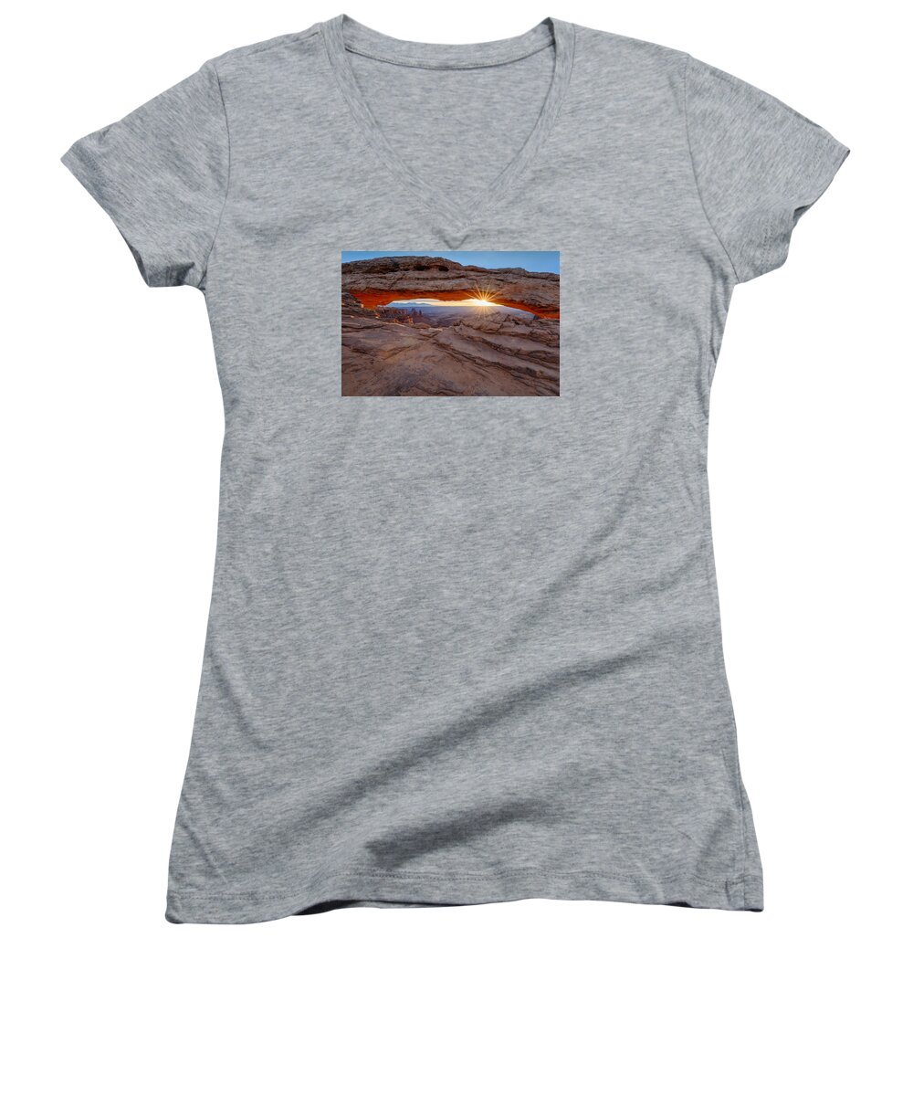 Arch Women's V-Neck featuring the photograph Awakening at Mesa Arch by Denise Bush