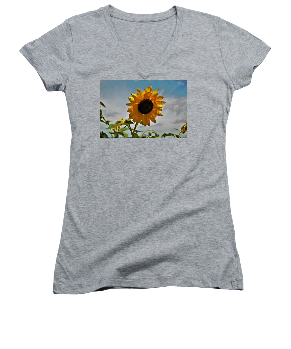 Flower Women's V-Neck featuring the photograph 2001 - Awakening Sunflower by Sheryl L Sutter