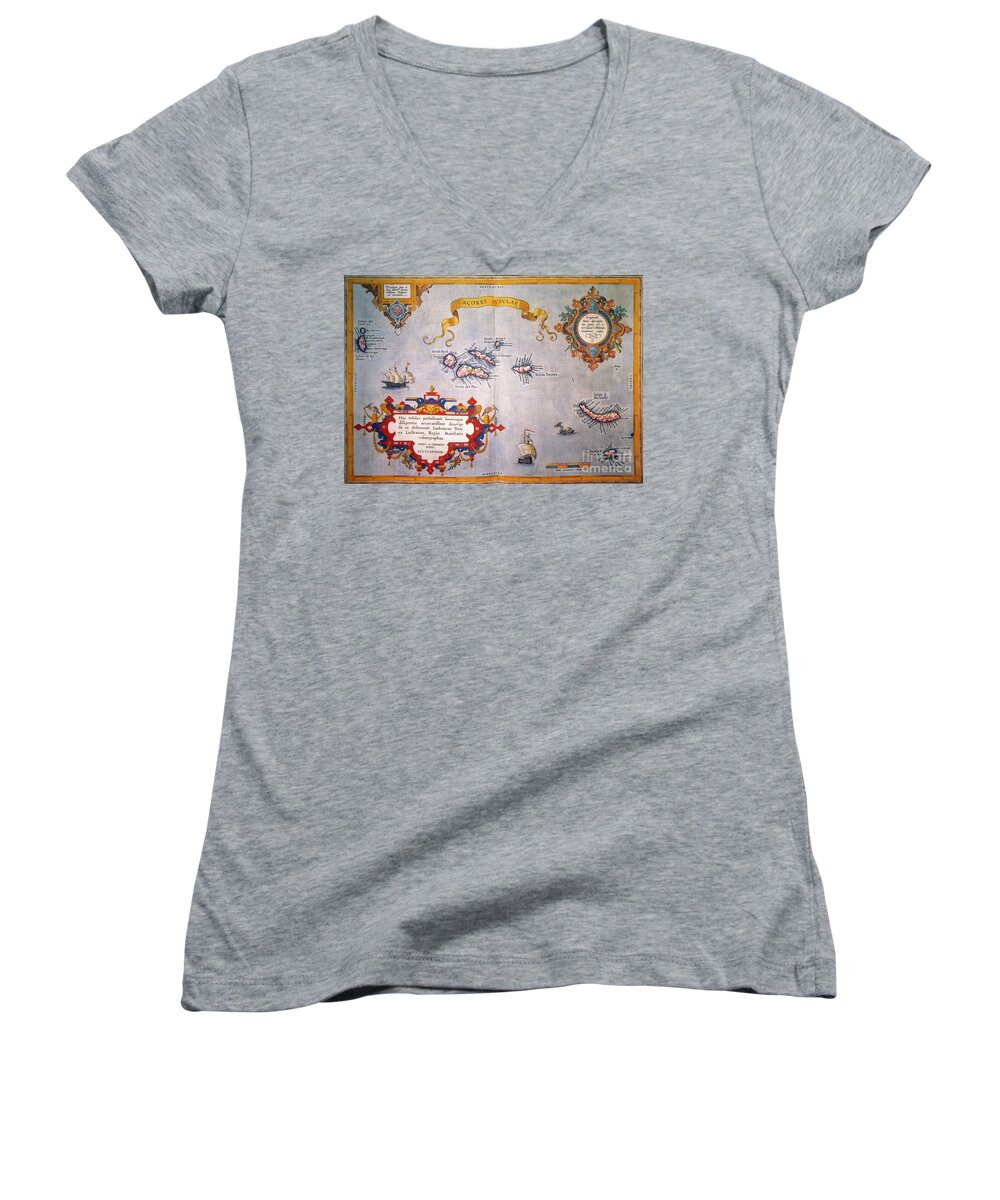 1584 Women's V-Neck featuring the photograph AZORES MAP, c1584 by Granger