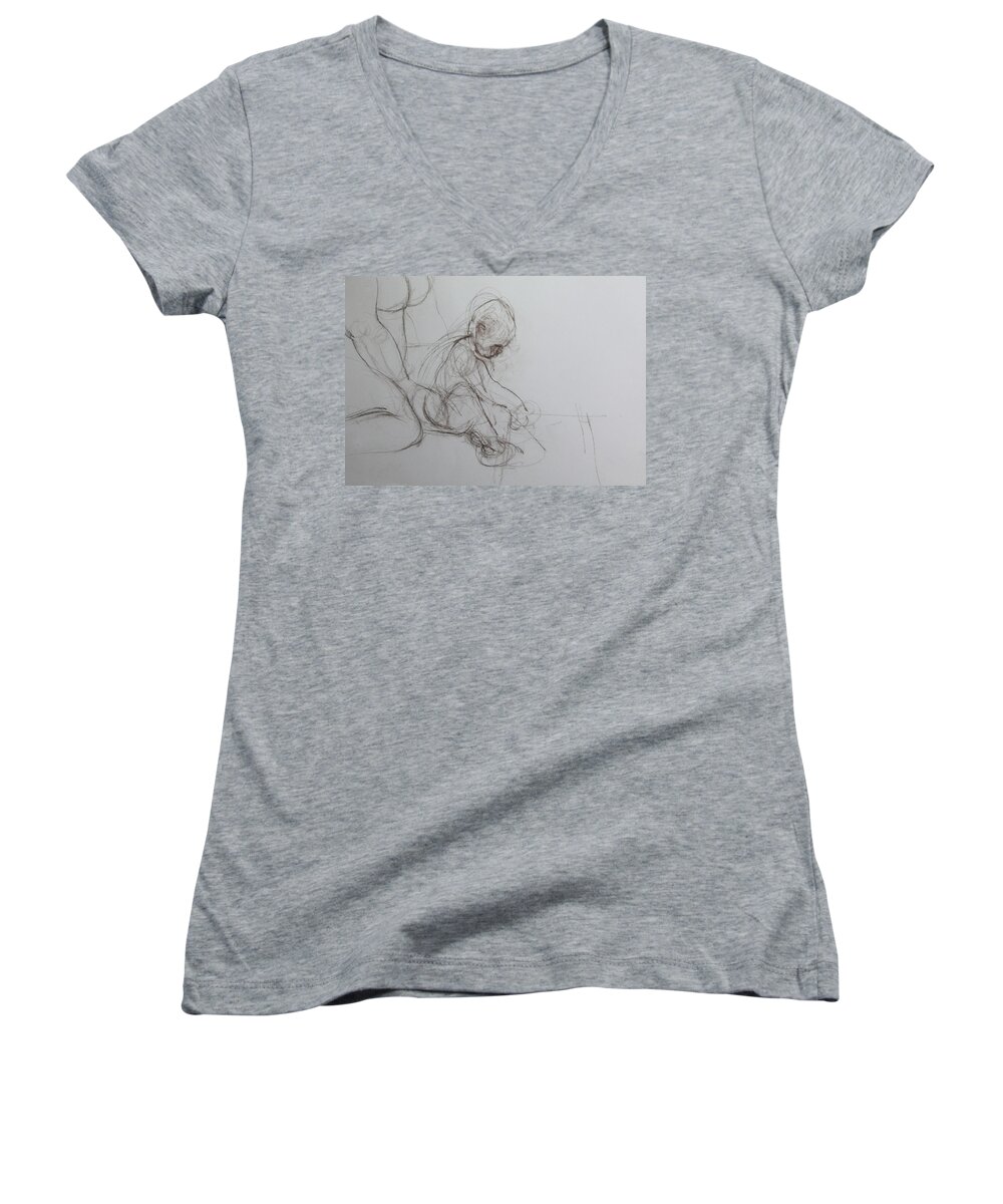 Drawing Women's V-Neck featuring the drawing Baby, drawing with Mother by Harry Robertson