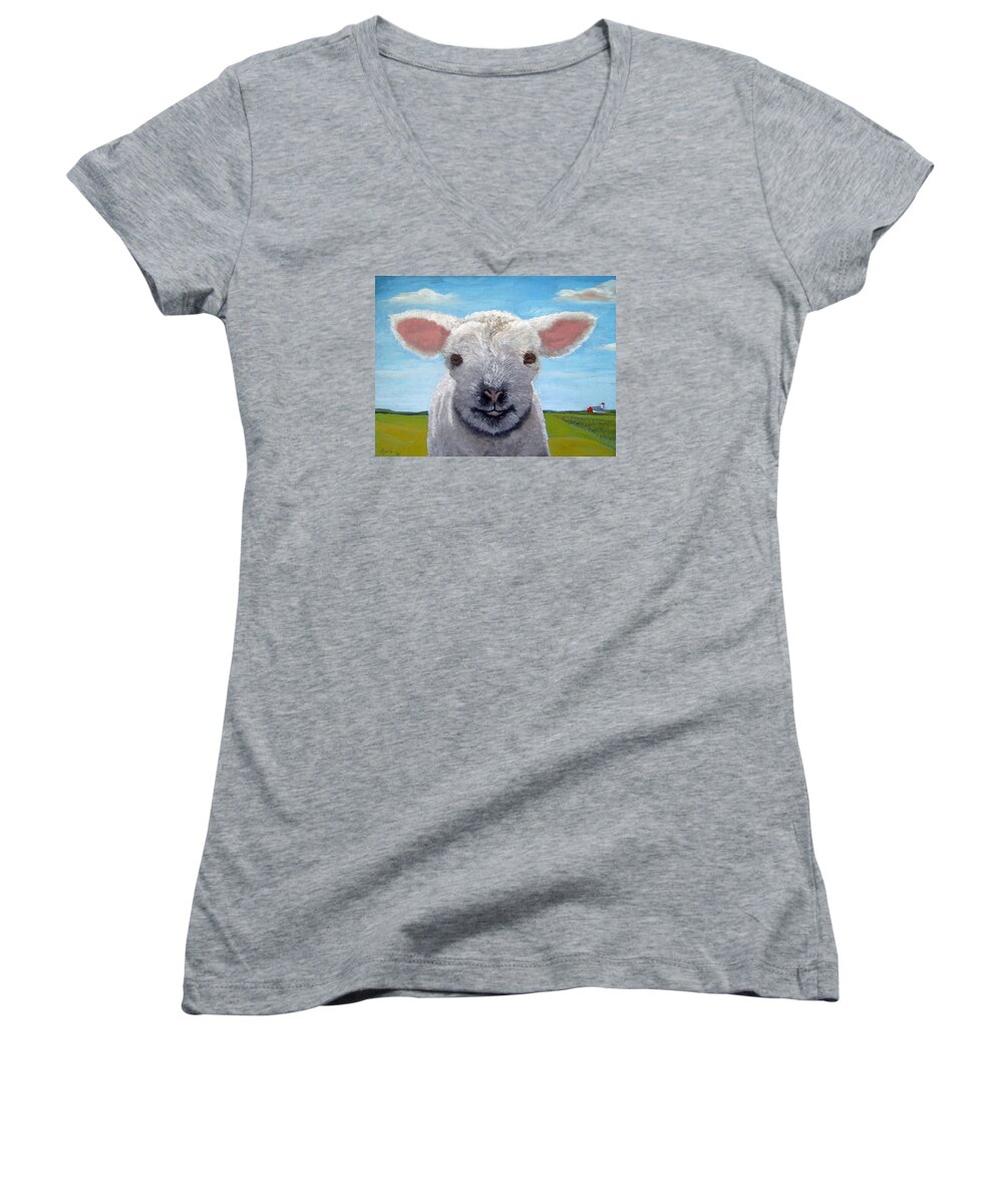 Lamb Women's V-Neck featuring the painting Baby farm lamb sheep by Linda Apple