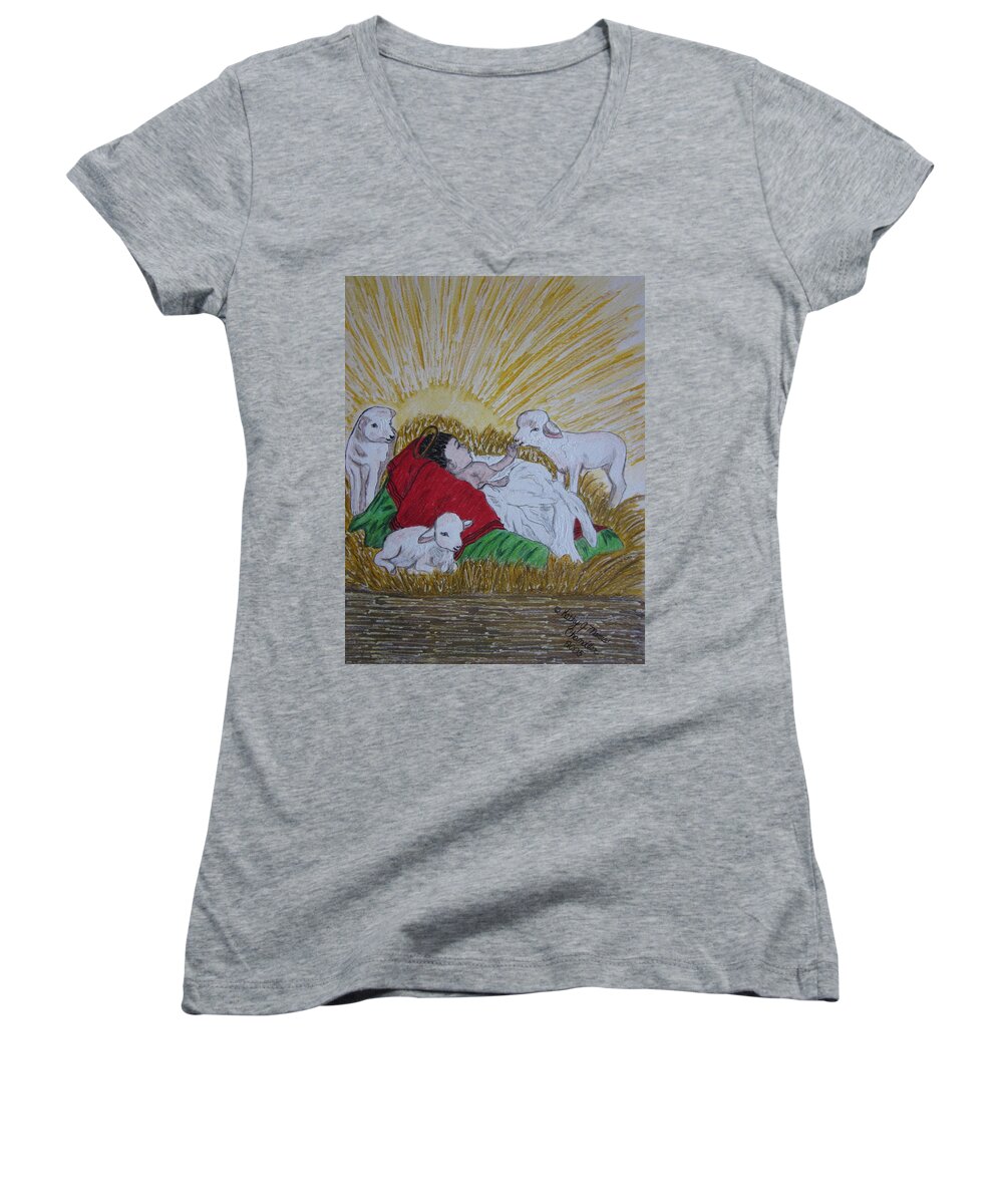 Saviour Women's V-Neck featuring the painting Baby Jesus at Birth by Kathy Marrs Chandler