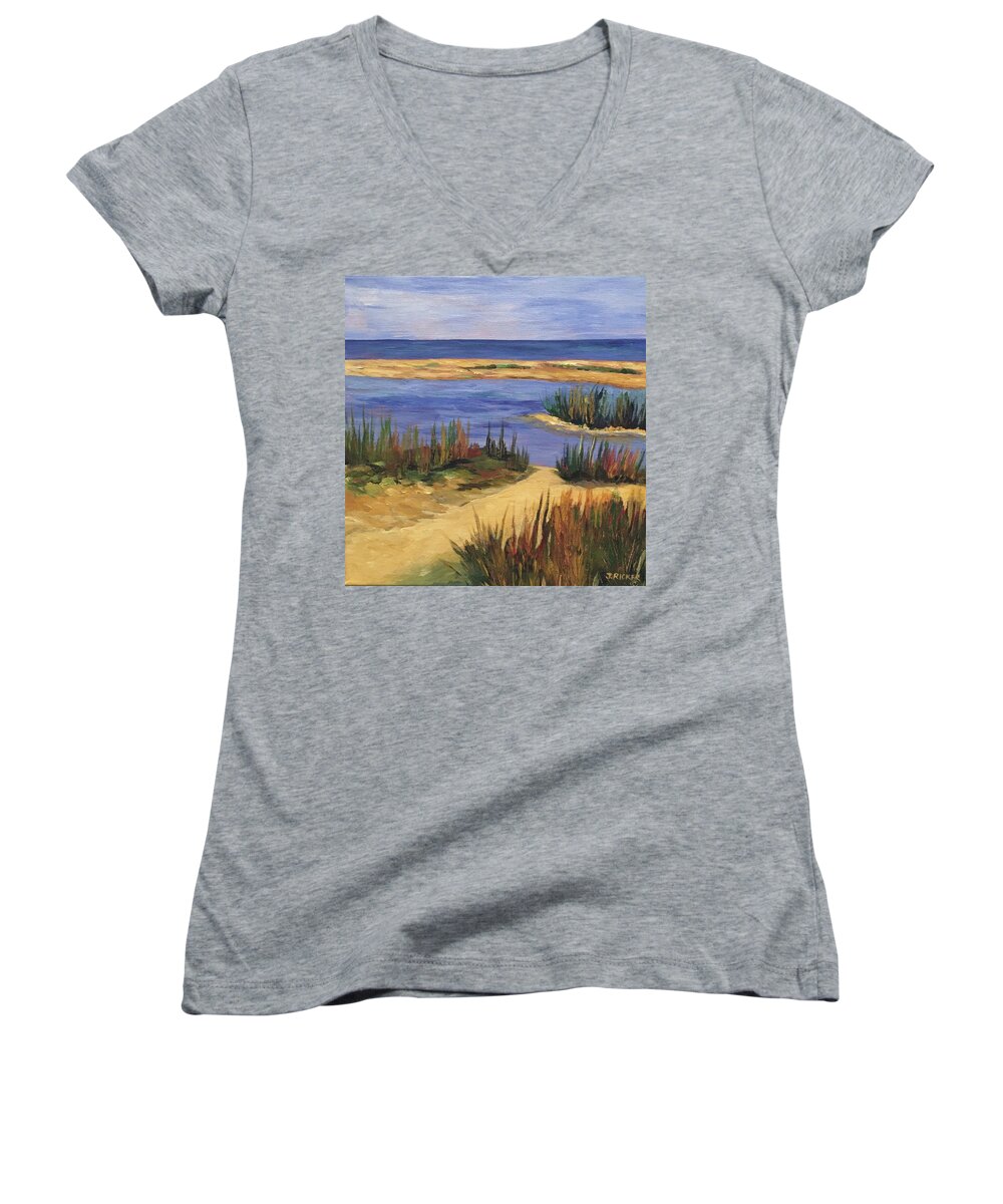 Water Women's V-Neck featuring the painting Back Bay Beach by Jane Ricker