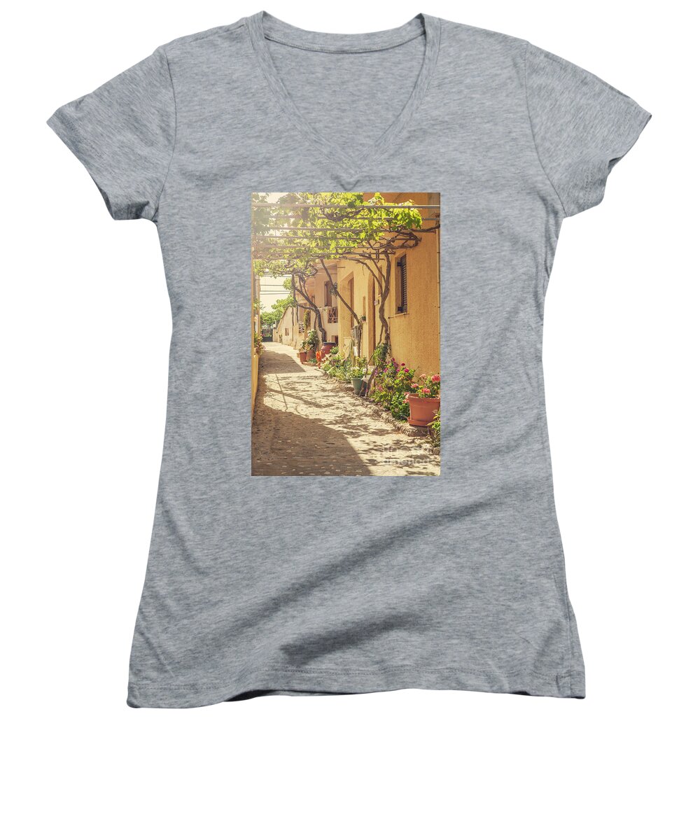Greece Women's V-Neck featuring the photograph Back street in Cretan village. by Sophie McAulay