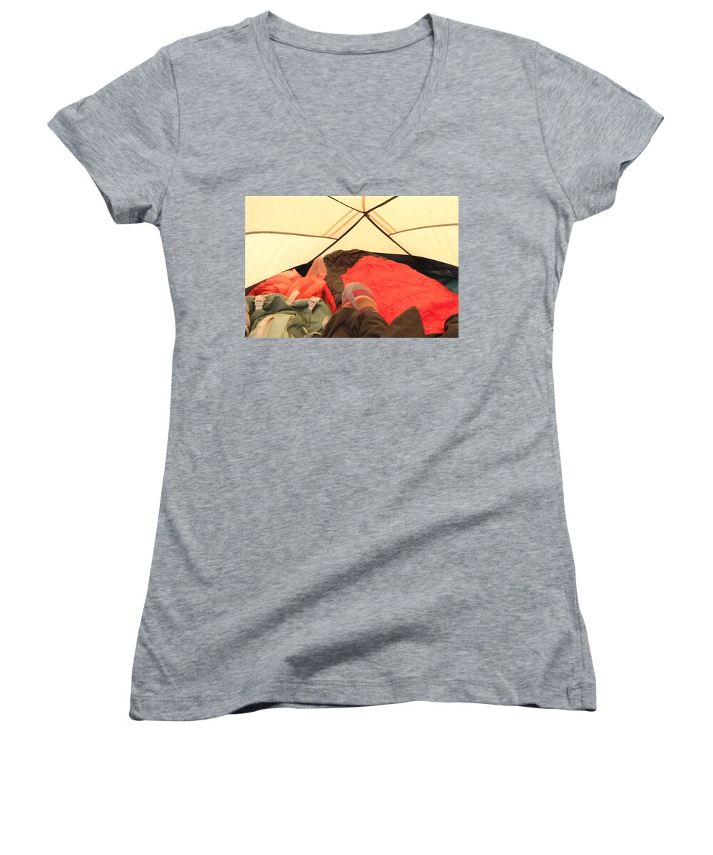 Camping Women's V-Neck featuring the photograph Backpacking Moments by Brandy Little