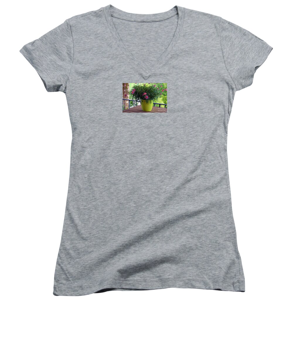 Balcony Women's V-Neck featuring the photograph Balcony Flowers by Susanne Van Hulst