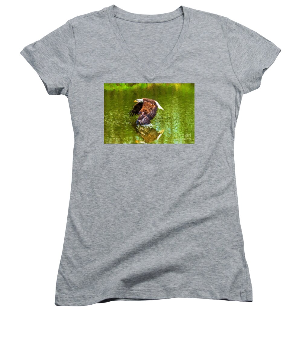 Birds Women's V-Neck featuring the photograph Bald Eagle cutting the water by Les Palenik
