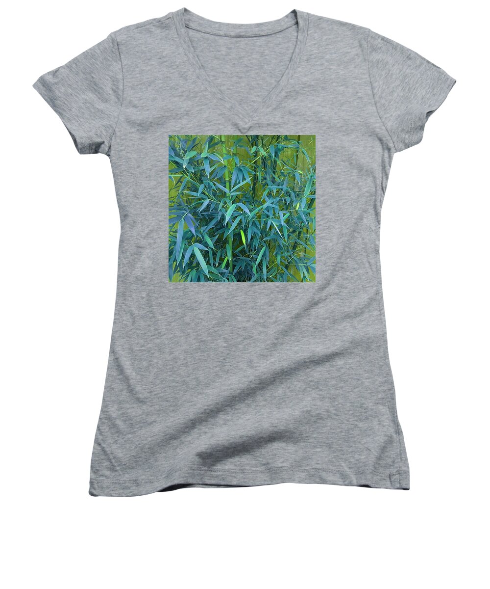 Bamboo Women's V-Neck featuring the photograph Bamboo Leaves In Teal Green by Rowena Tutty