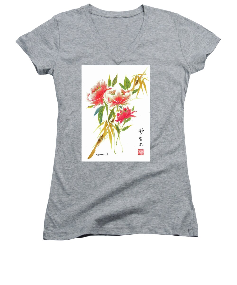 Chinese Brush Painting Women's V-Neck featuring the painting Bamboo Matters by Bill Searle
