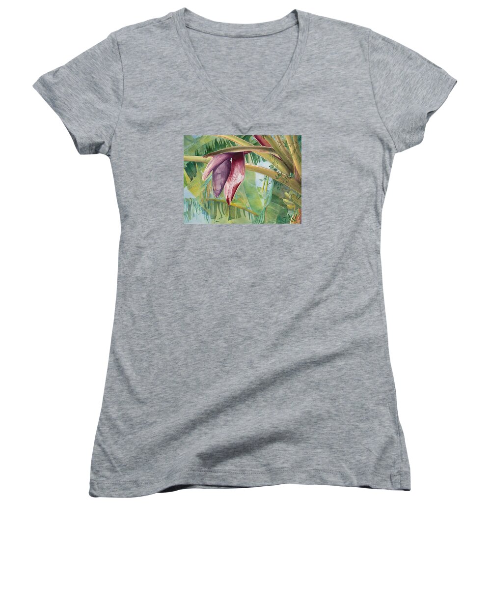 Bananas Women's V-Neck featuring the painting Banana Flower by AnnaJo Vahle