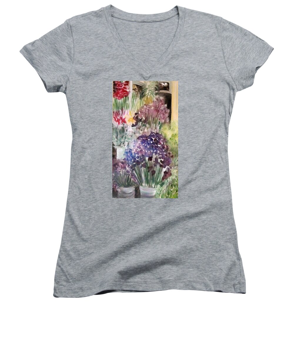 Store Front Scape Women's V-Neck featuring the painting Barcelona Flower Mart by Chuck Gebhardt