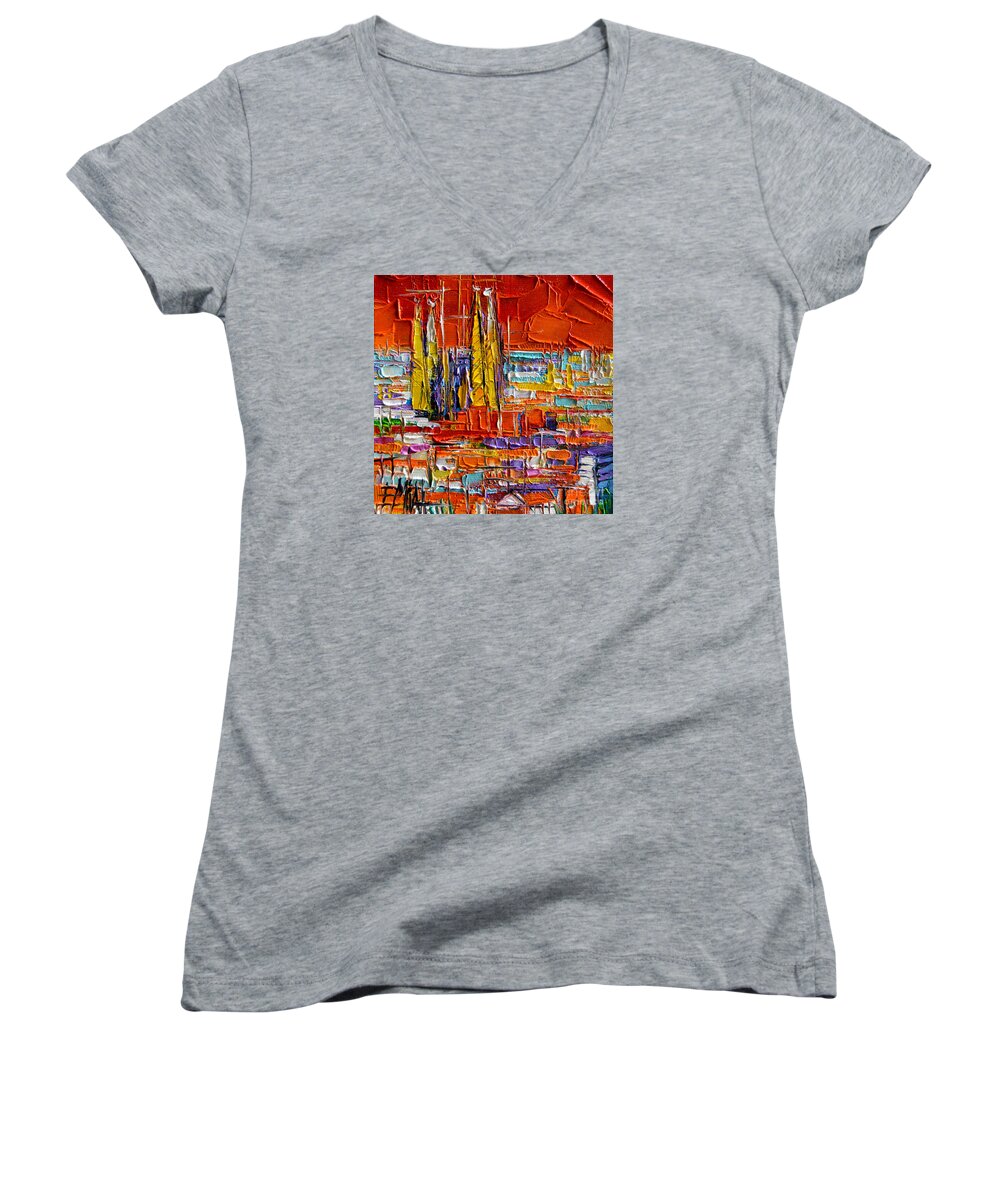 Barcelona View From Parc Guell Women's V-Neck featuring the painting BARCELONA SAGRADA FAMILIA VIEW FROM PARC GUELL abstract palette knife oil painting by Mona Edulesco