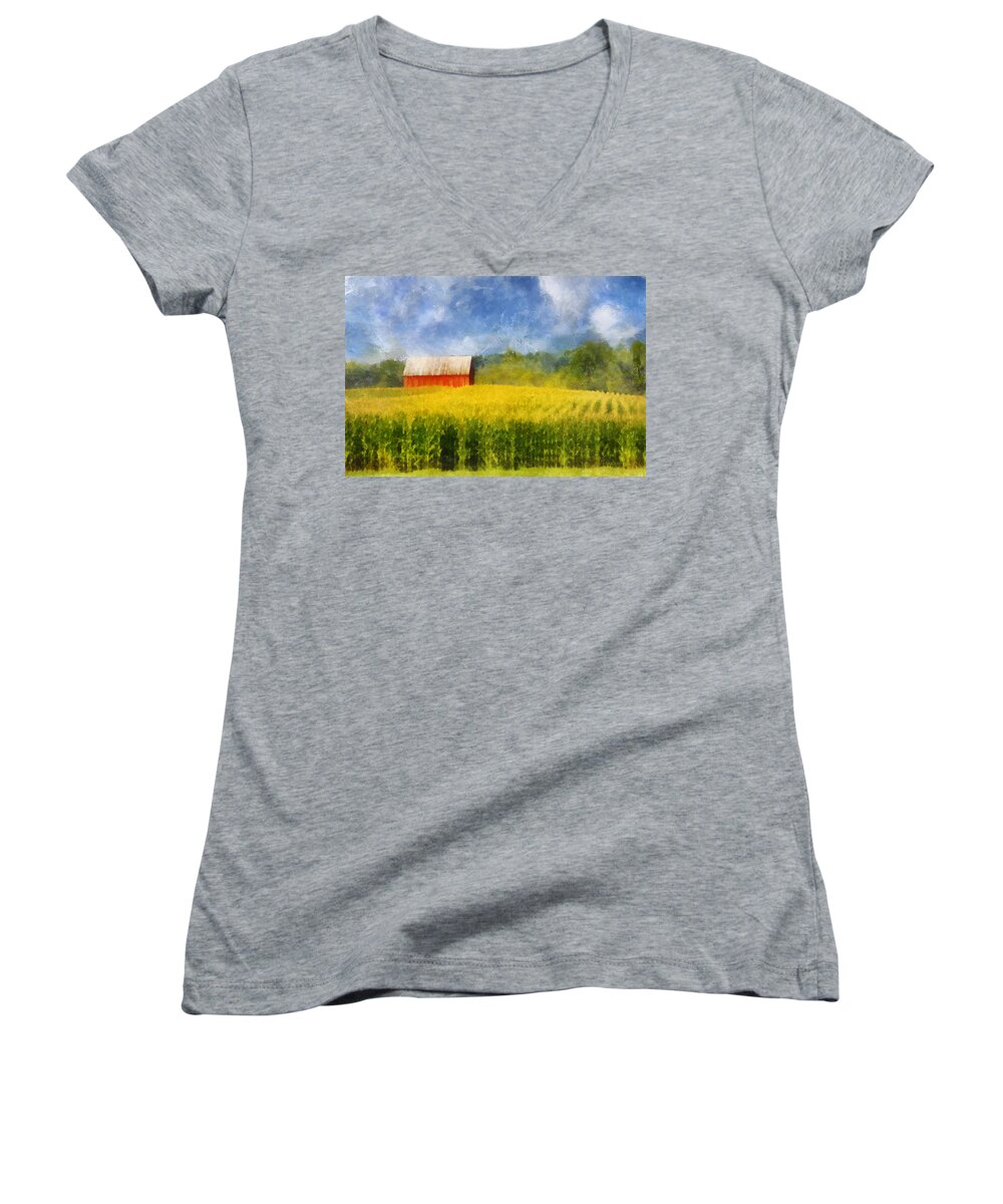 Barn Women's V-Neck featuring the digital art Barn and Cornfield by Frances Miller