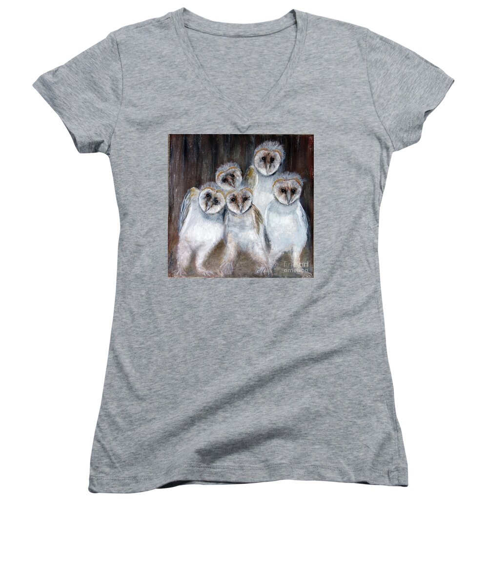 Animals Women's V-Neck featuring the painting Barn Owl Chicks by Lyric Lucas