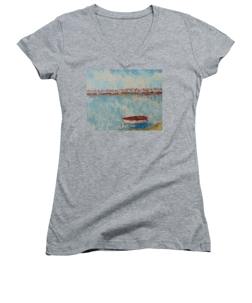 Frederic Payet Women's V-Neck featuring the painting Barque au large de Marseille by Frederic Payet