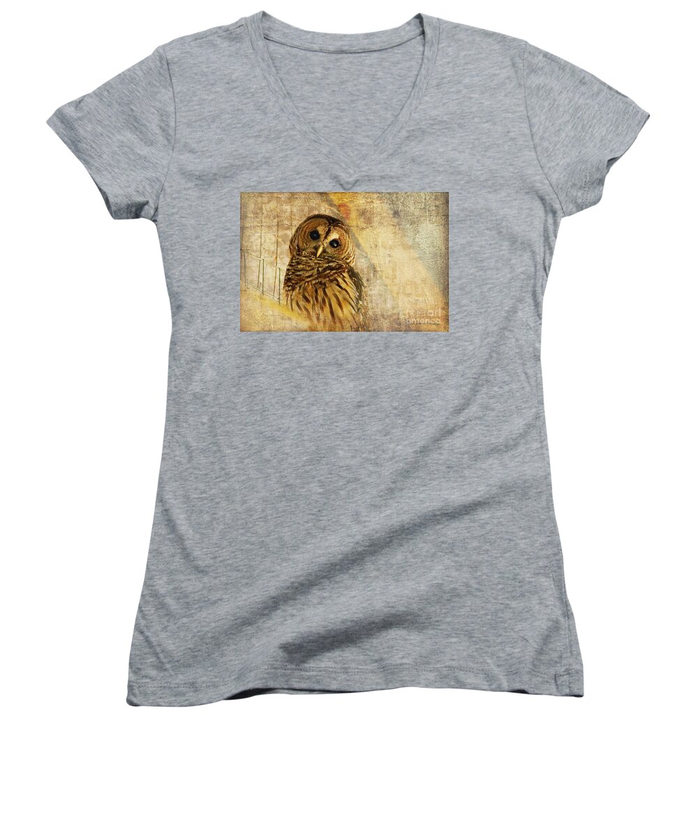 Owl Women's V-Neck featuring the photograph Barred Owl by Lois Bryan